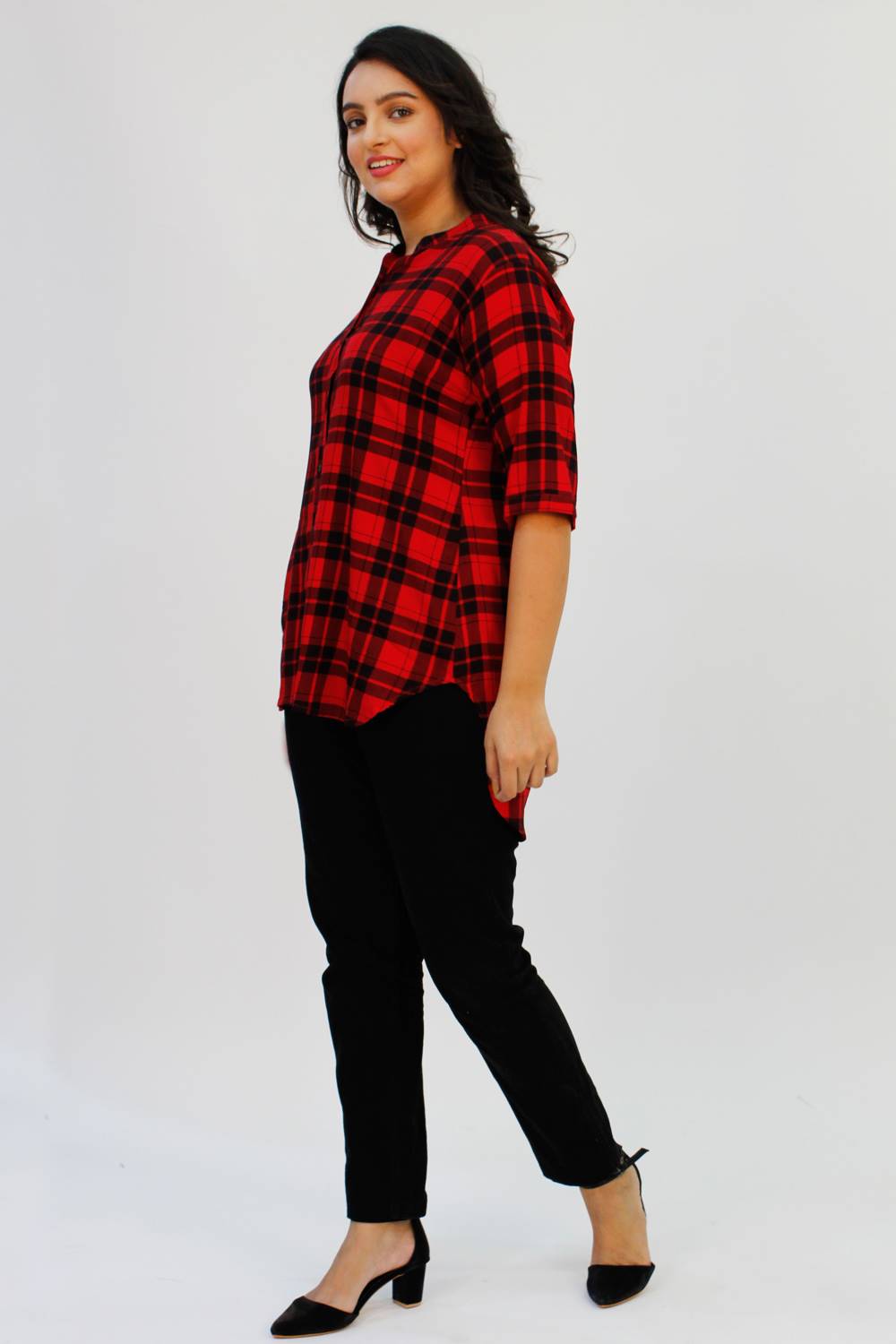 Red Tartan Checked Long Shirt for Women