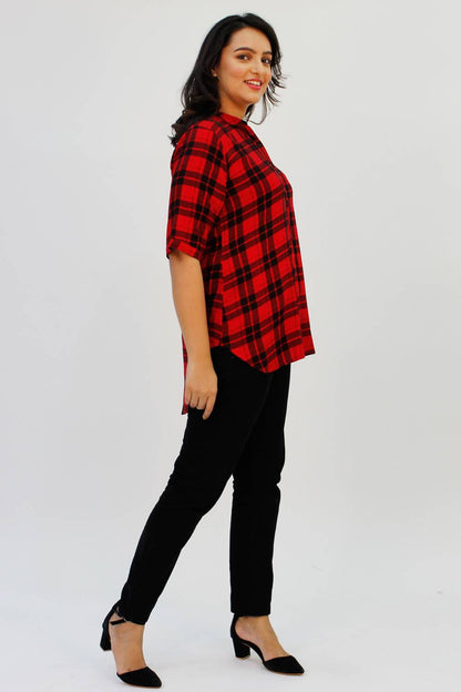 Red Tartan Checked Long Shirt for Women