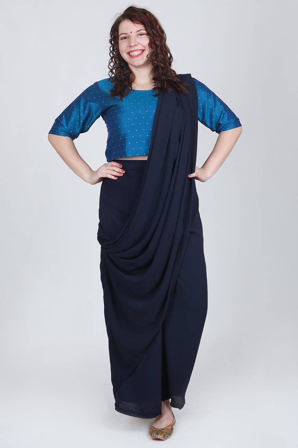 Dark Blue Palazzo Saree With Brocade Crop Top