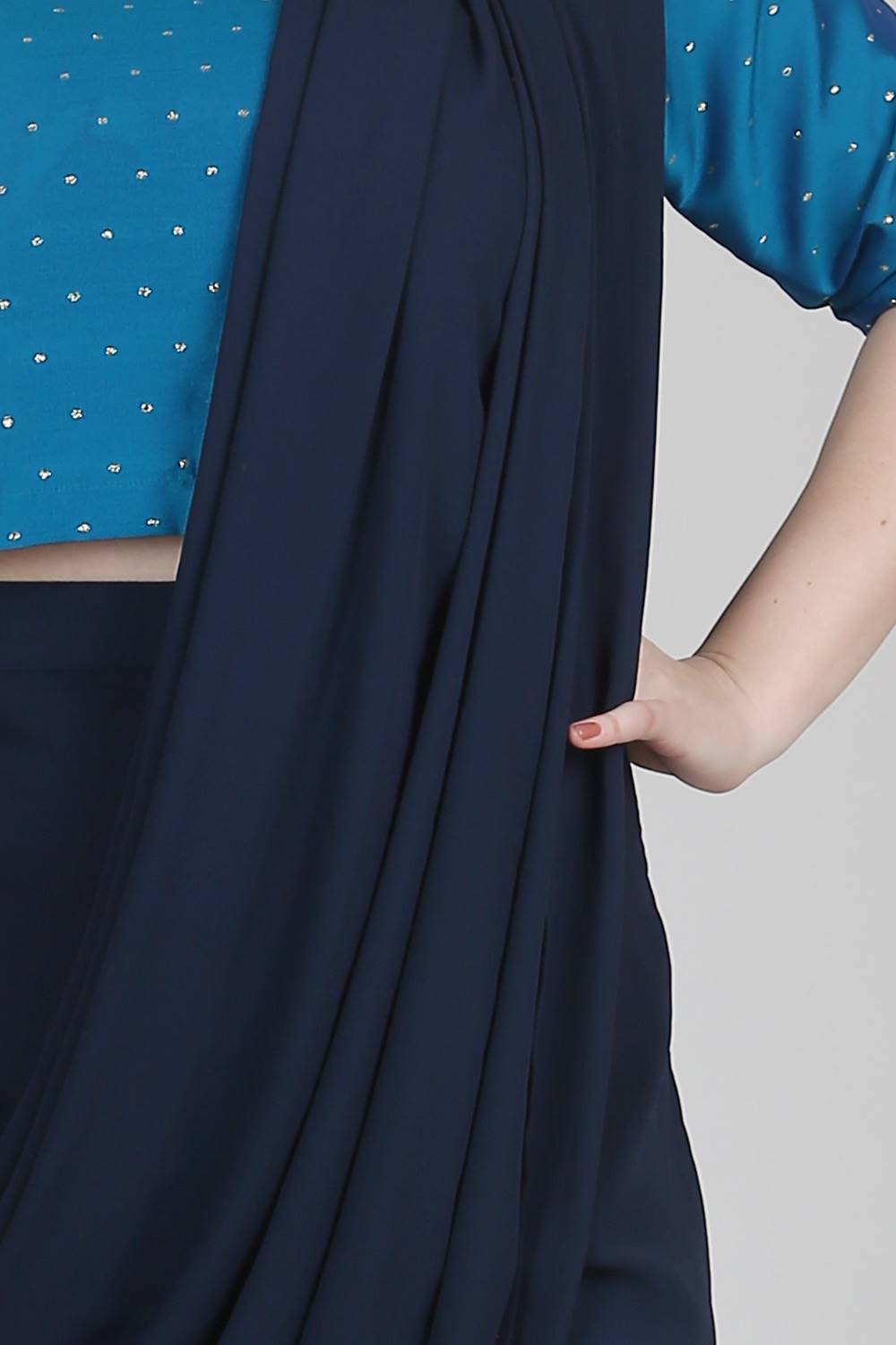 Dark Blue Palazzo Saree With Brocade Crop Top