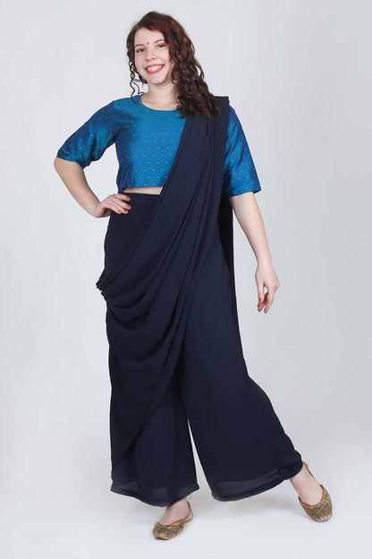 Dark Blue Palazzo Saree With Brocade Crop Top