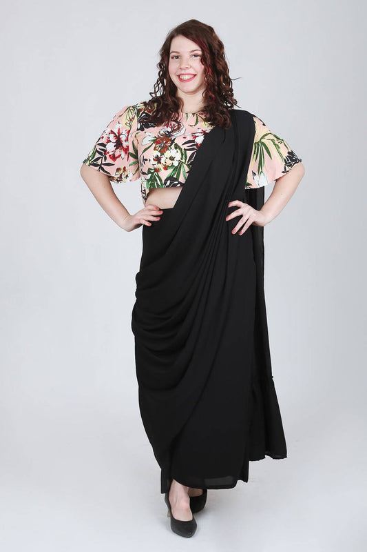 Black Palazzo Saree With Multicolor Crop Top