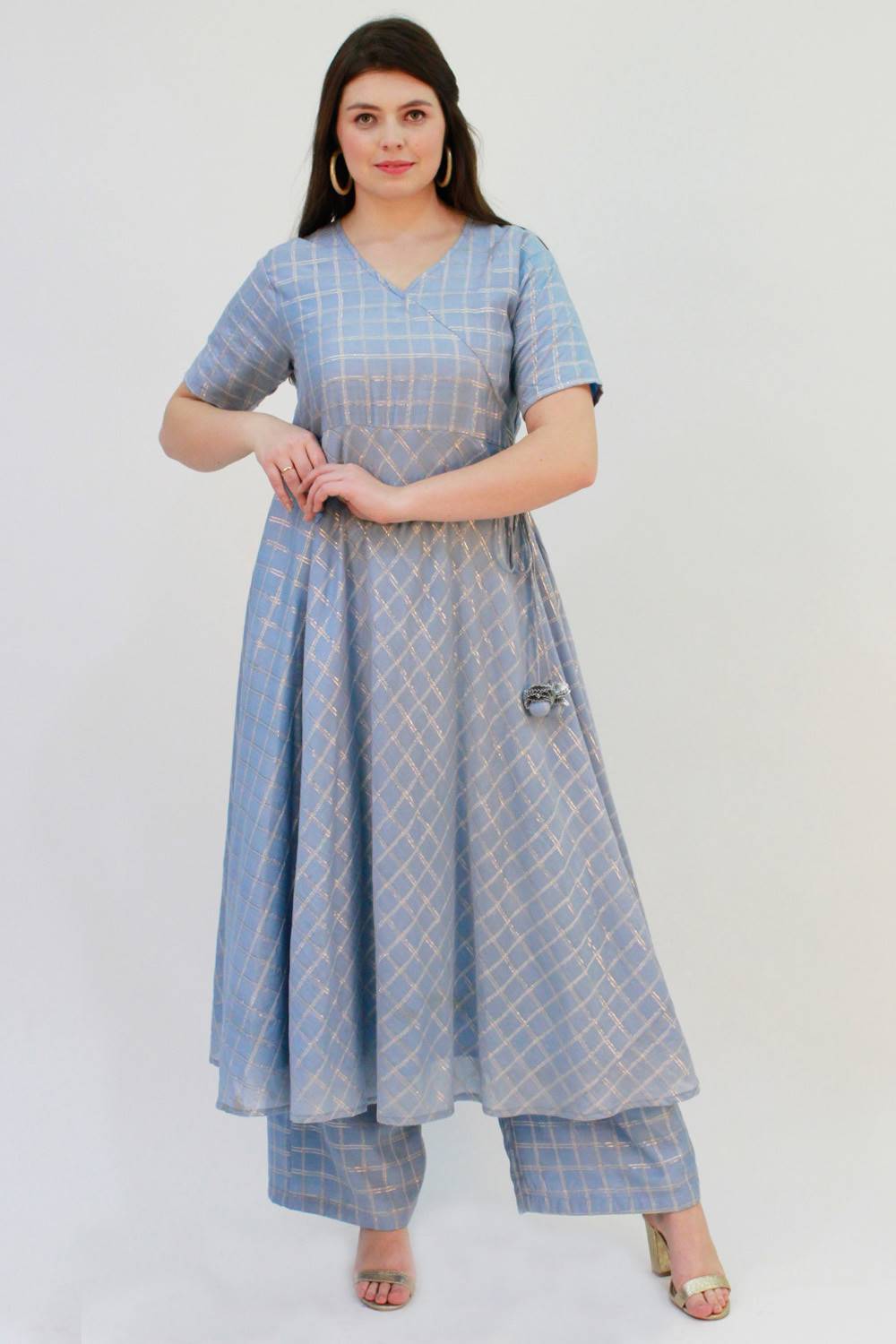 Blue Checks Angrakha Anarkali With Palazzo