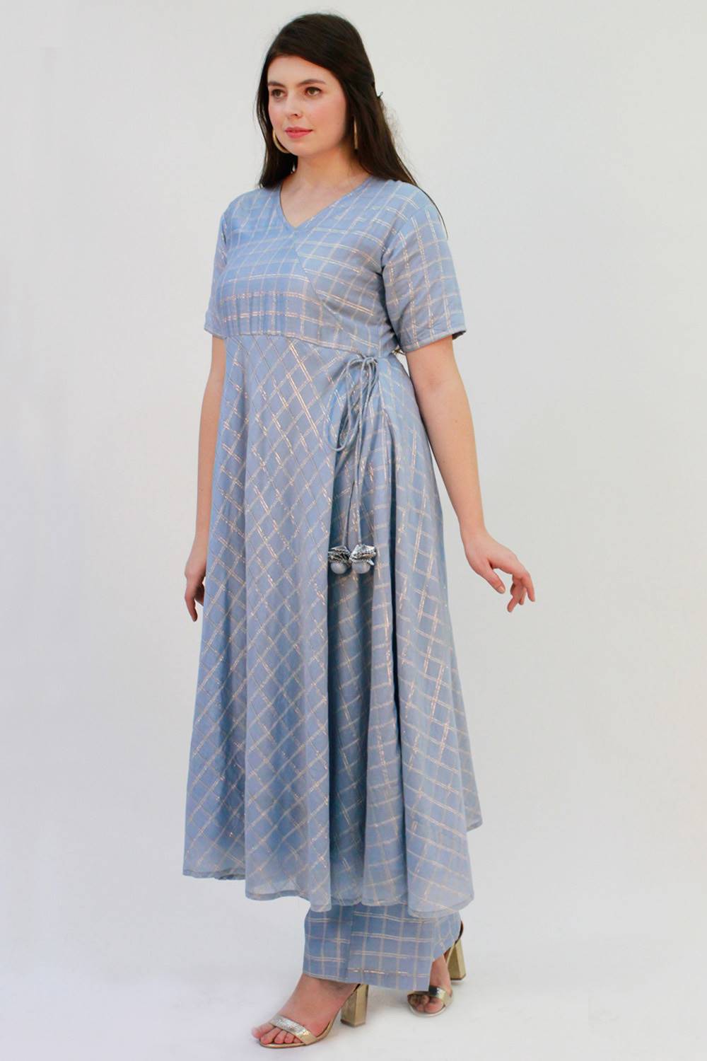 Blue Checks Angrakha Anarkali With Palazzo