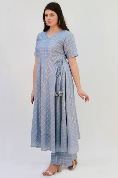 Blue Checks Angrakha Anarkali With Palazzo