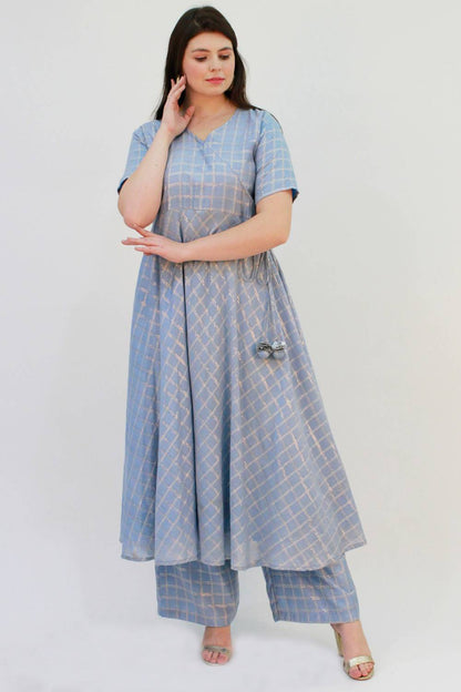 Blue Checks Angrakha Anarkali With Palazzo