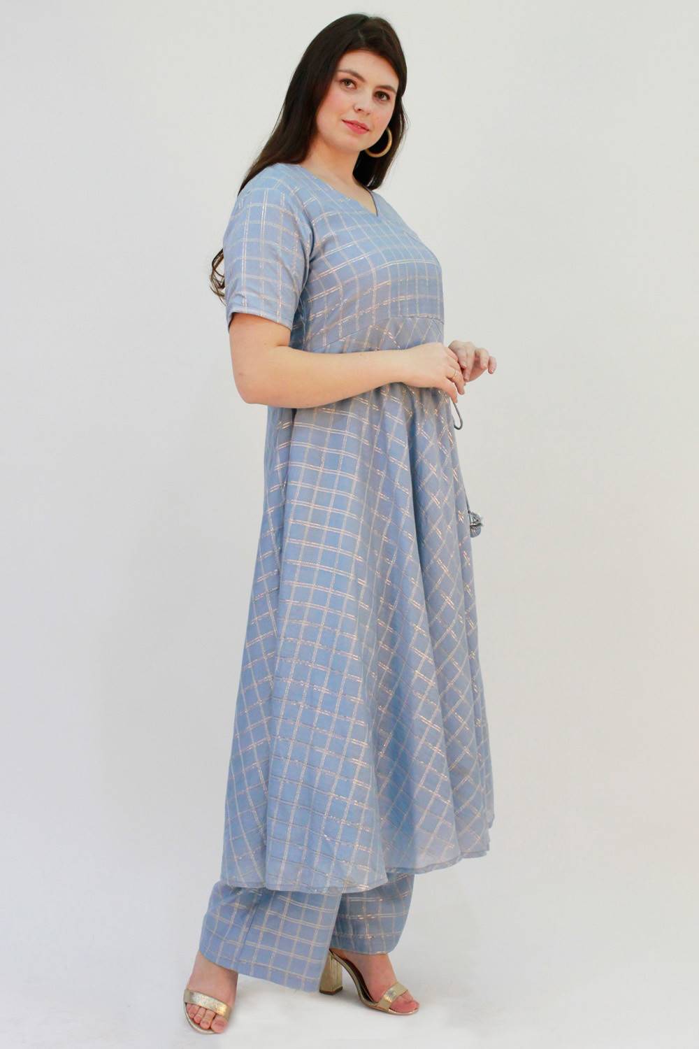 Blue Checks Angrakha Anarkali With Palazzo