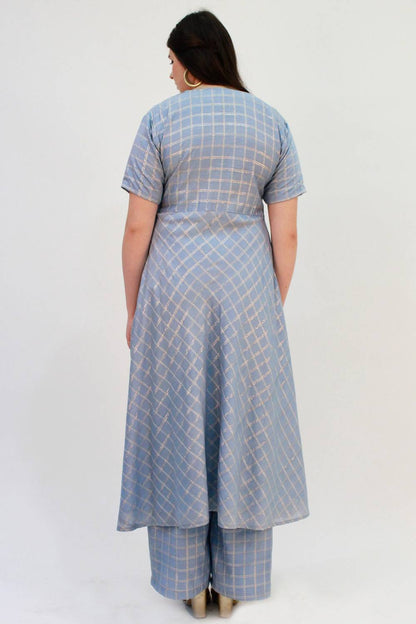 Blue Checks Angrakha Anarkali With Palazzo