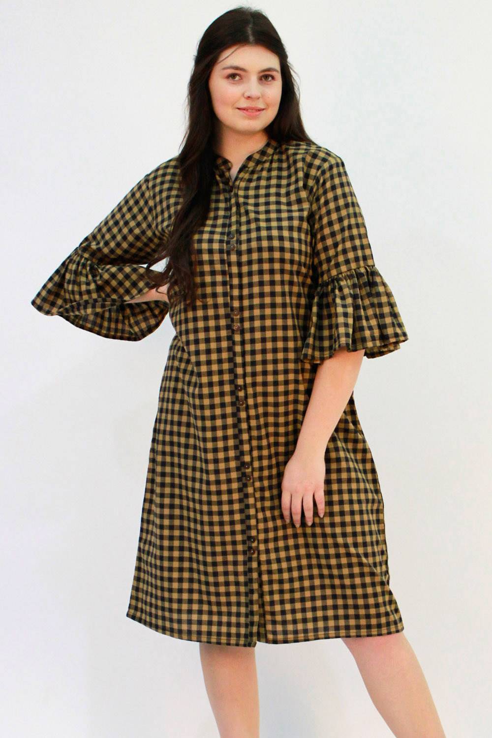 Brown Checks Bell Sleeve Dress