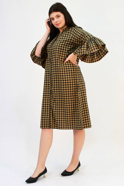 Brown Checks Bell Sleeve Dress