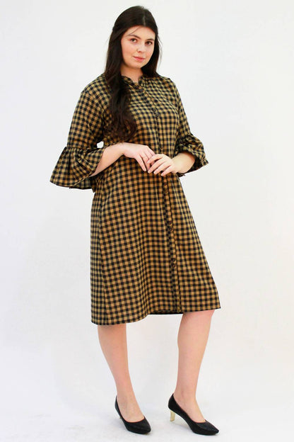 Brown Checks Bell Sleeve Dress