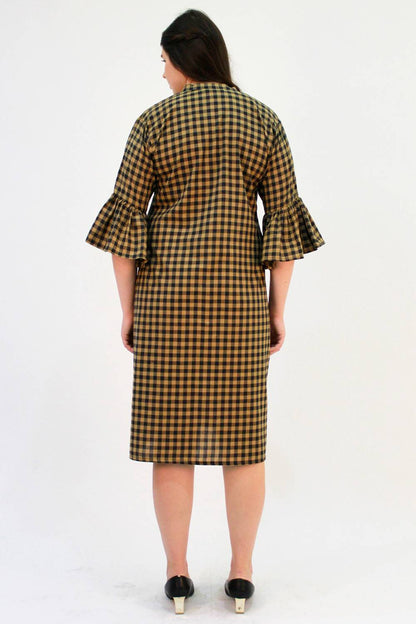 Brown Checks Bell Sleeve Dress