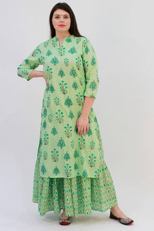 Green Printed Kurta With Skirt