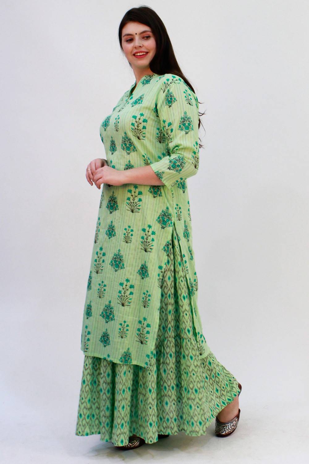 Green Printed Kurta With Skirt