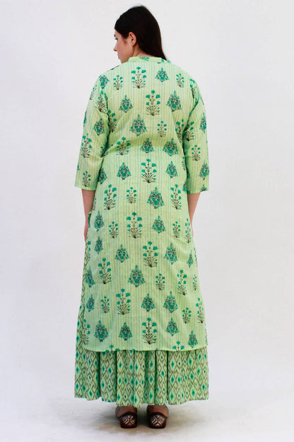 Green Printed Kurta With Skirt