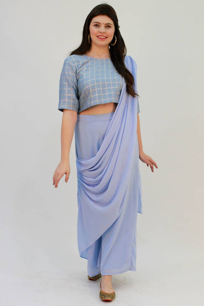 Blue Palazzo Saree With Checks Crop Top