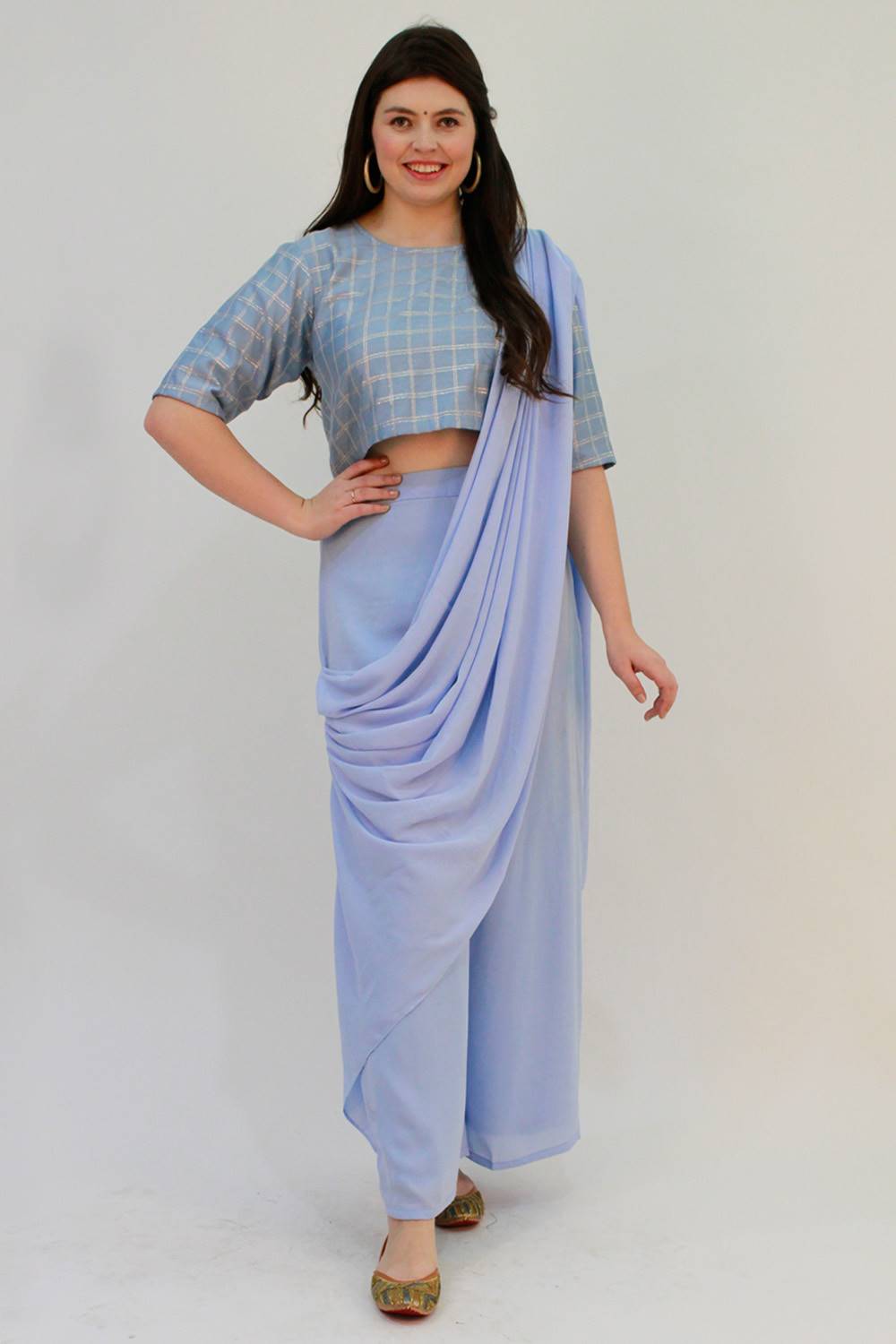 Blue Palazzo Saree With Checks Crop Top