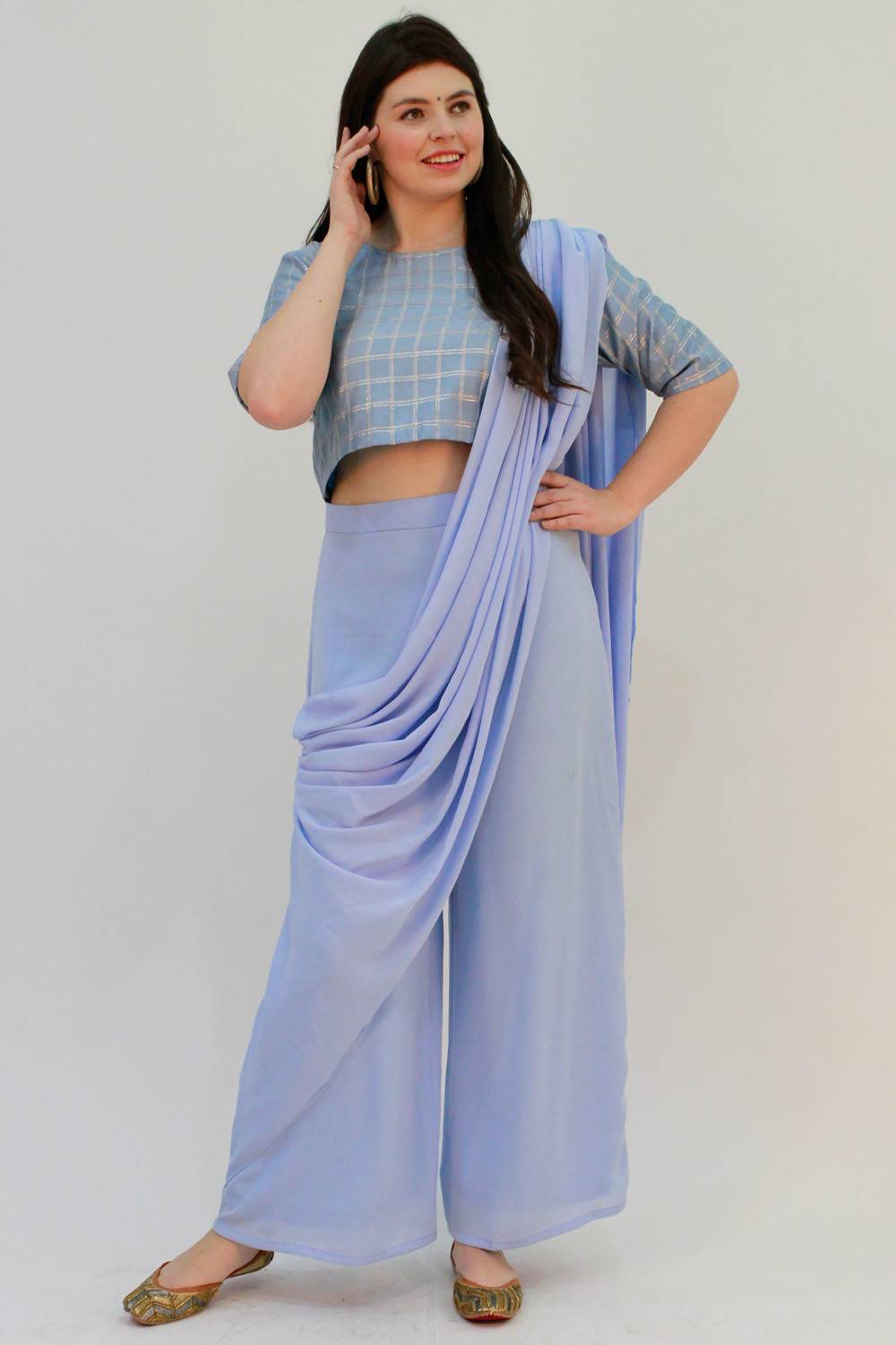 Blue Palazzo Saree With Checks Crop Top