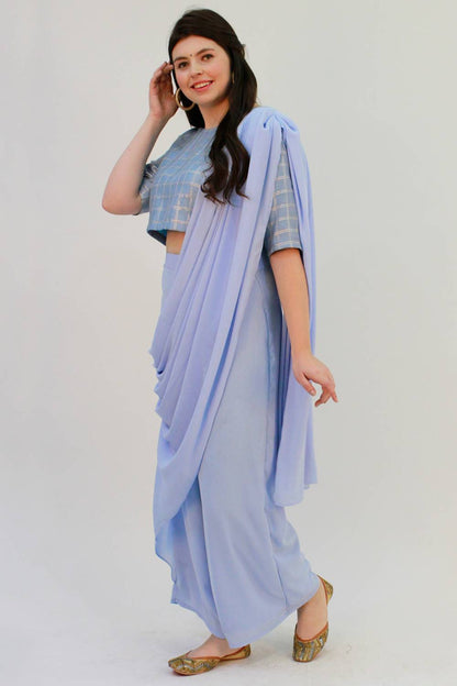 Blue Palazzo Saree With Checks Crop Top