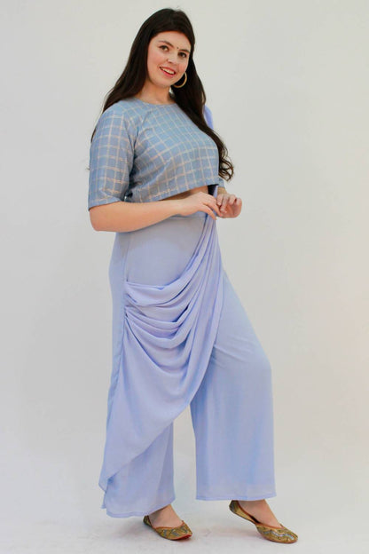 Blue Palazzo Saree With Checks Crop Top