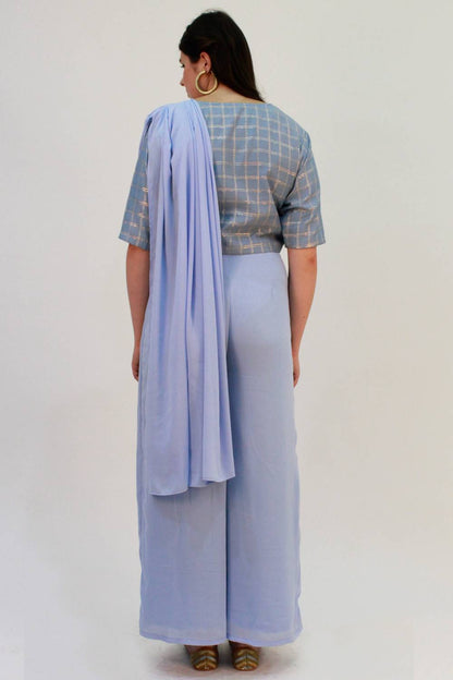 Blue Palazzo Saree With Checks Crop Top