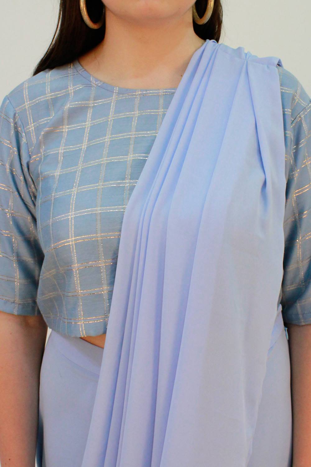 Blue Palazzo Saree With Checks Crop Top