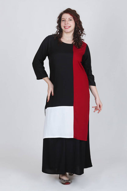 Maroon-White Color Block Kurti