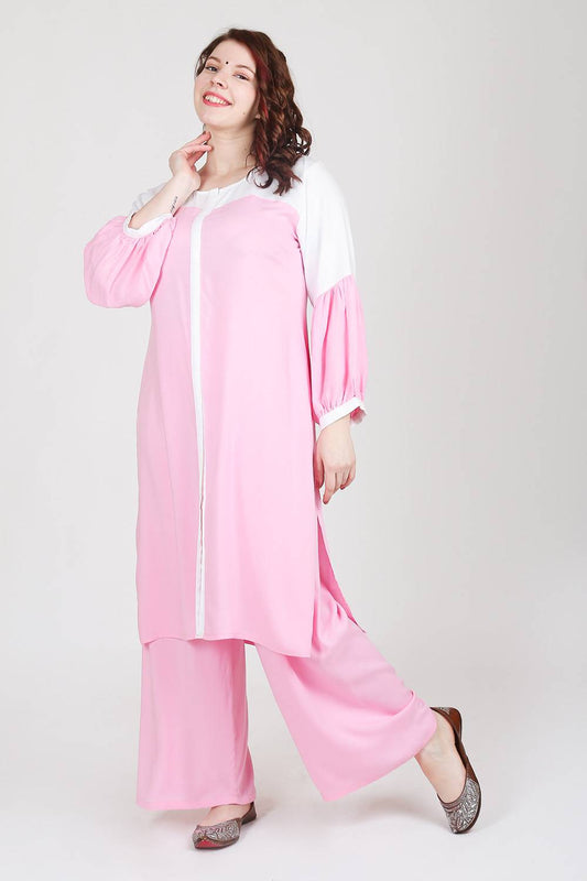 Pink-White Color Block Kurti