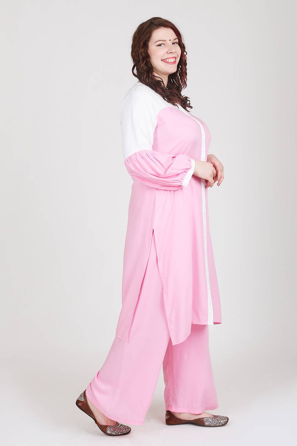 Pink-White Color Block Kurti