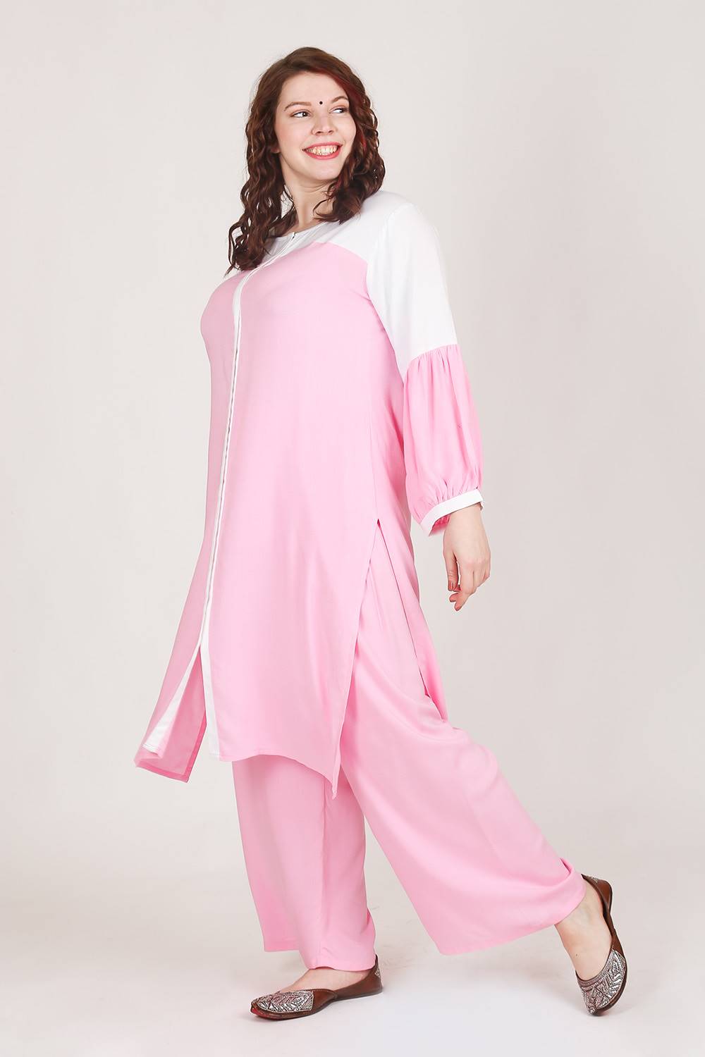 Pink-White Color Block Kurti