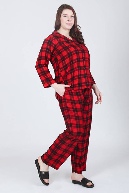 Plus Size Red Checks Night Suit Set