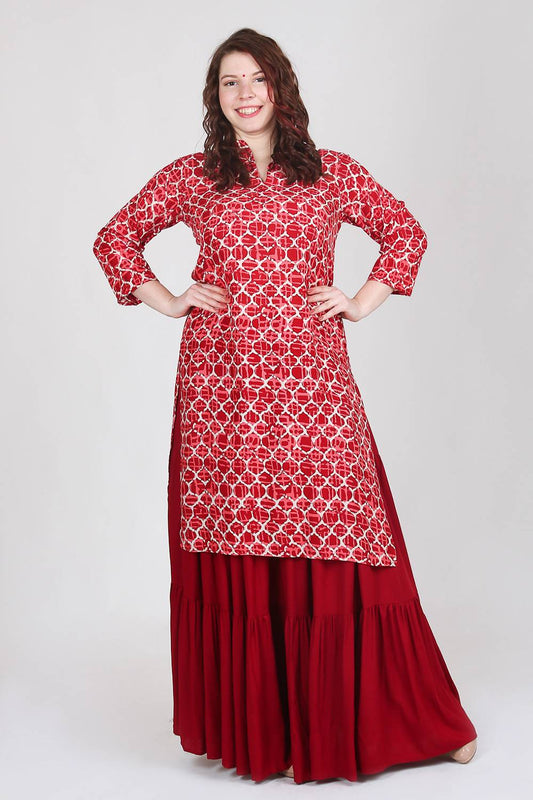 Maroon Printed Kurta With Skirt