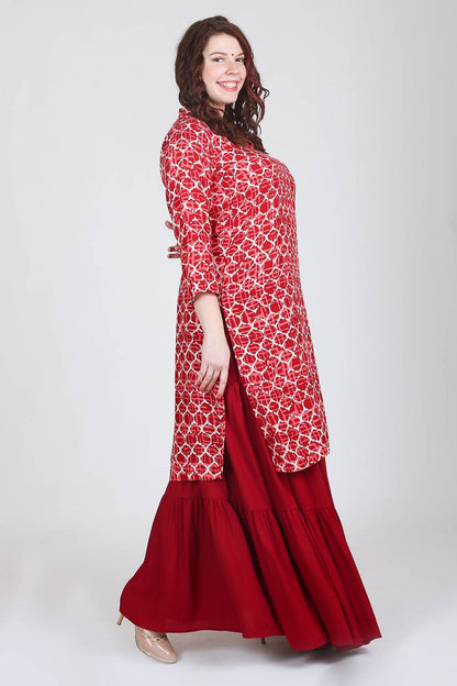 Maroon Printed Kurta With Skirt