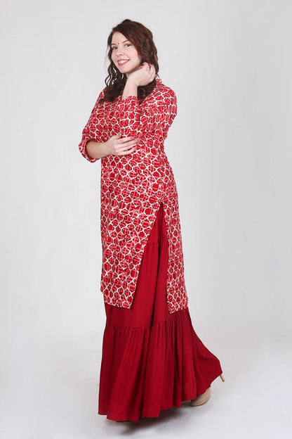 Maroon Printed Kurta With Skirt