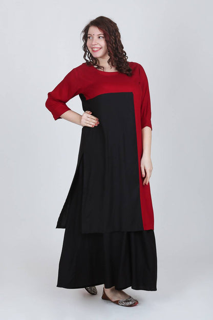 Maroon-Black Color Block Kurti