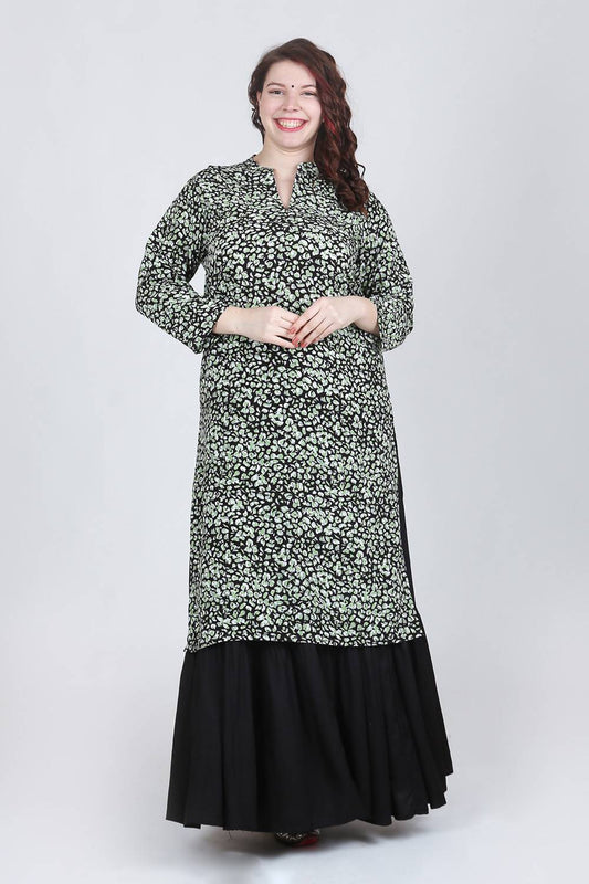 Green Printed Kurta With Black Skirt