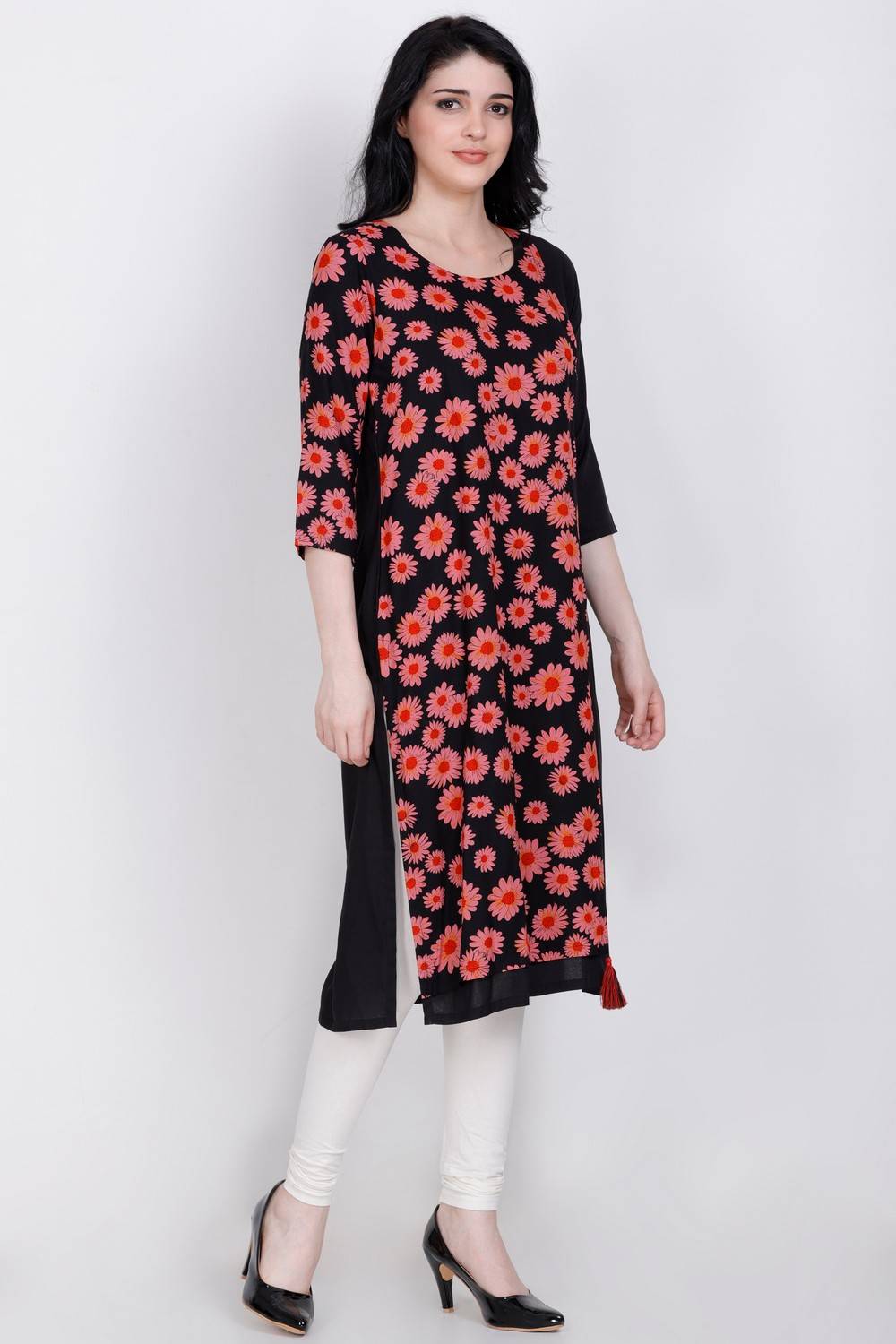 Pink Floral Printed Straight Kurti