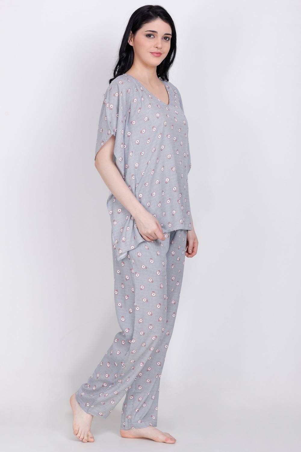 Plus Size Floral Print Grey Top &amp; Pyjama Set