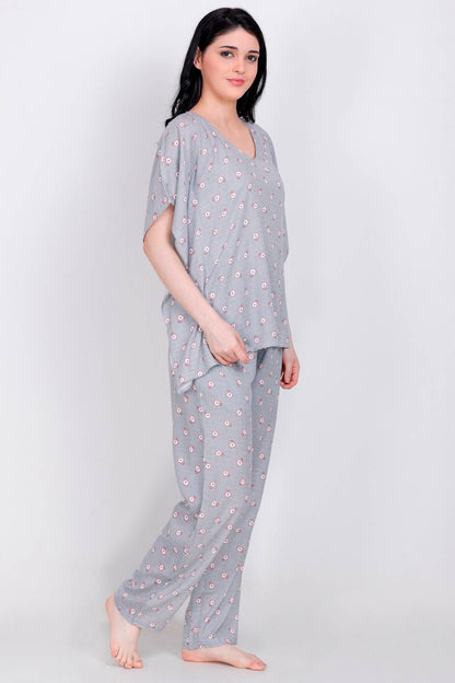 Plus Size Floral Print Grey Top &amp; Pyjama Set