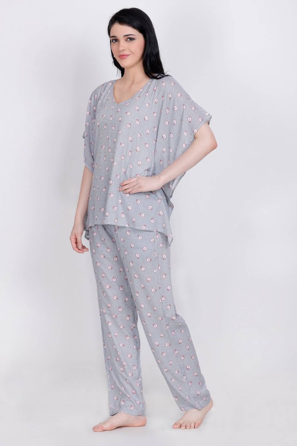 Plus Size Floral Print Grey Top &amp; Pyjama Set