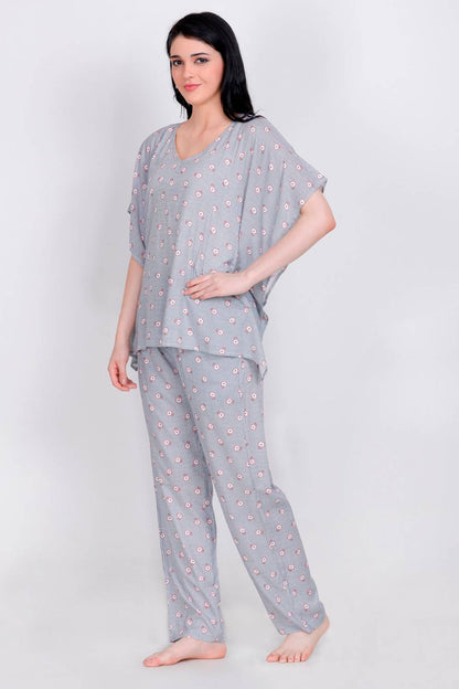 Plus Size Floral Print Grey Top &amp; Pyjama Set