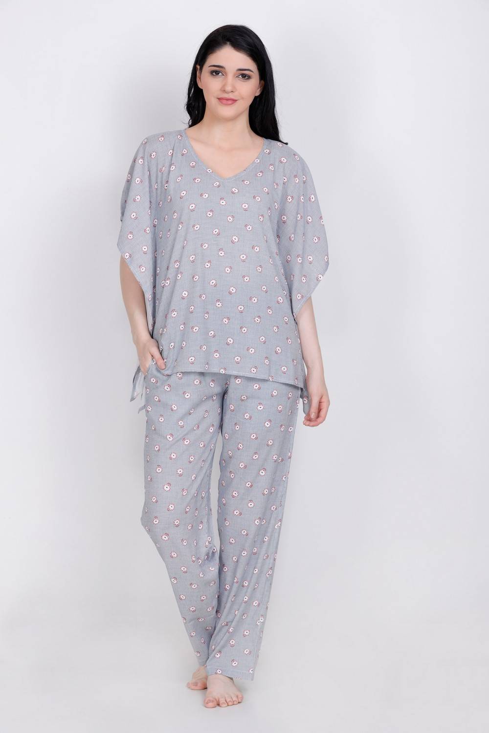 Plus Size Floral Print Grey Top &amp; Pyjama Set