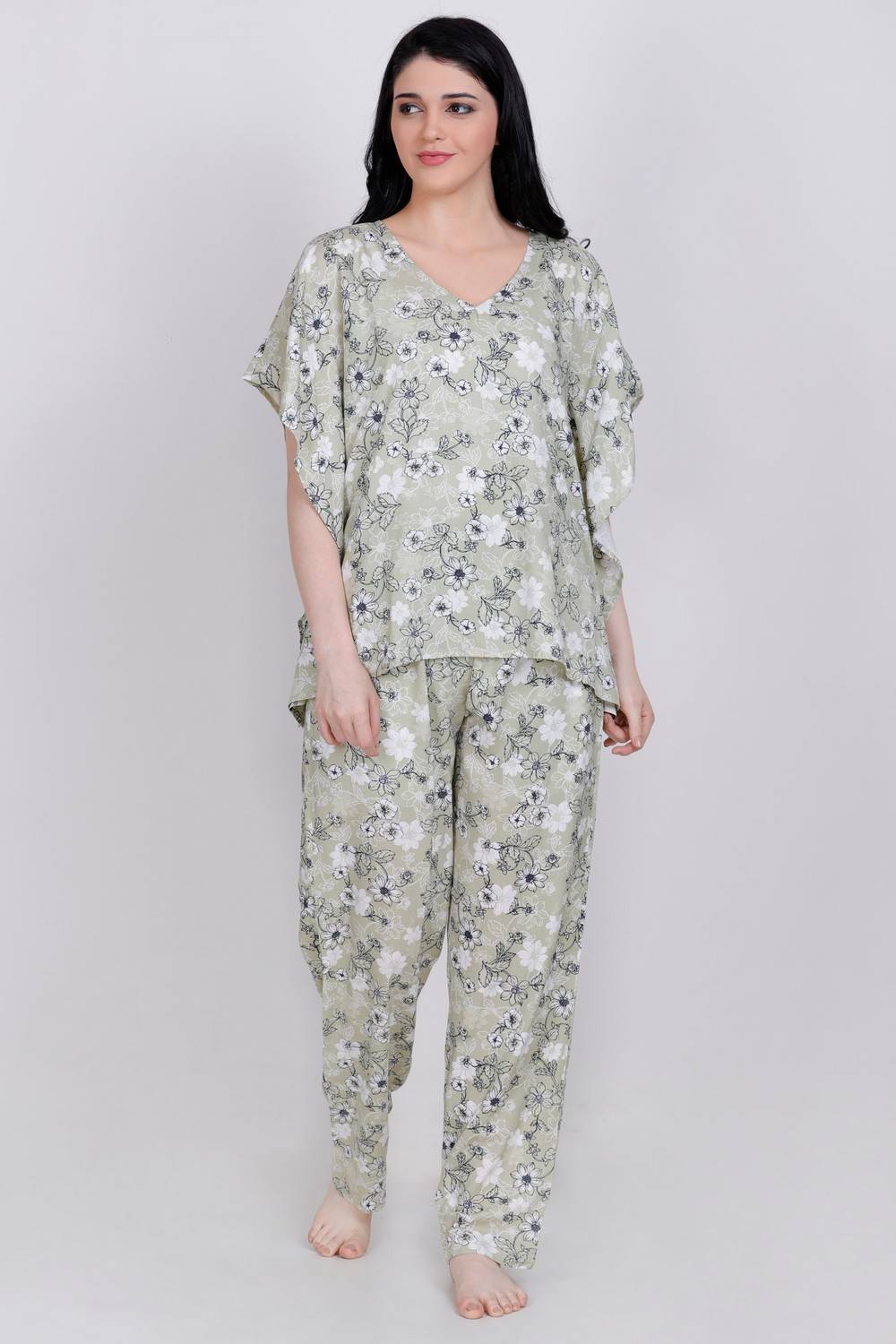 Plus Size Pista Green Floral Kaftan Top &amp; Pyjama Set