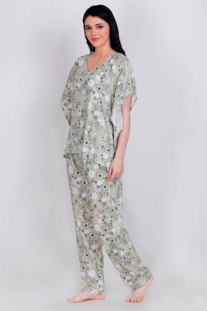 Plus Size Pista Green Floral Kaftan Top &amp; Pyjama Set