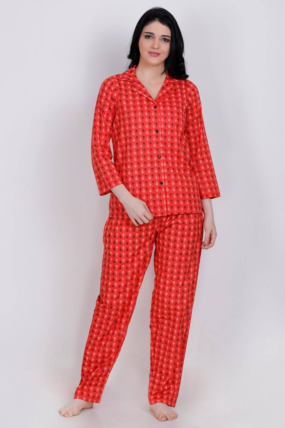 Plus Size Rust Orange Printed Night Suit Set