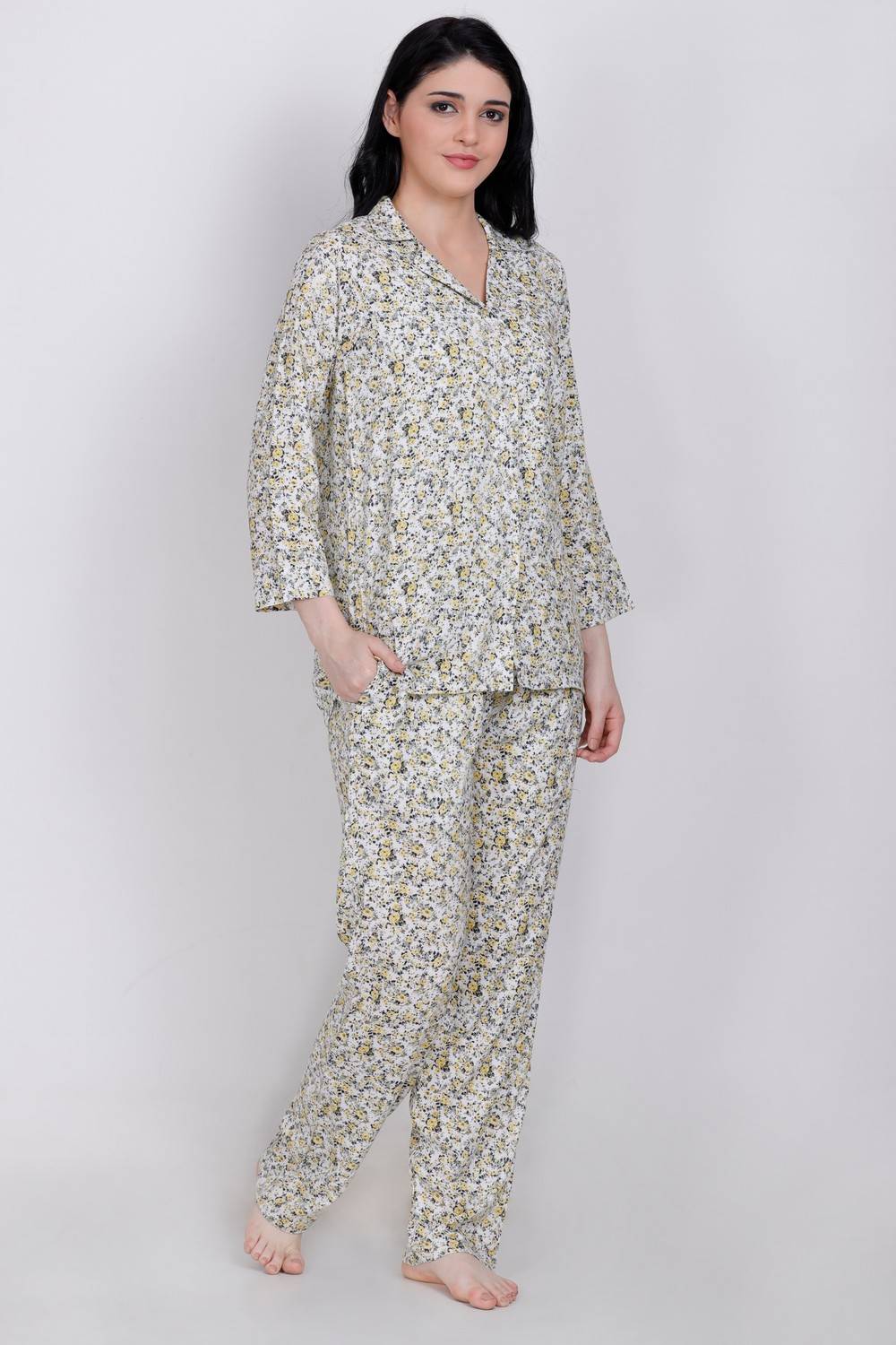 Plus Size Yellow Floral Printed Night Suit Set