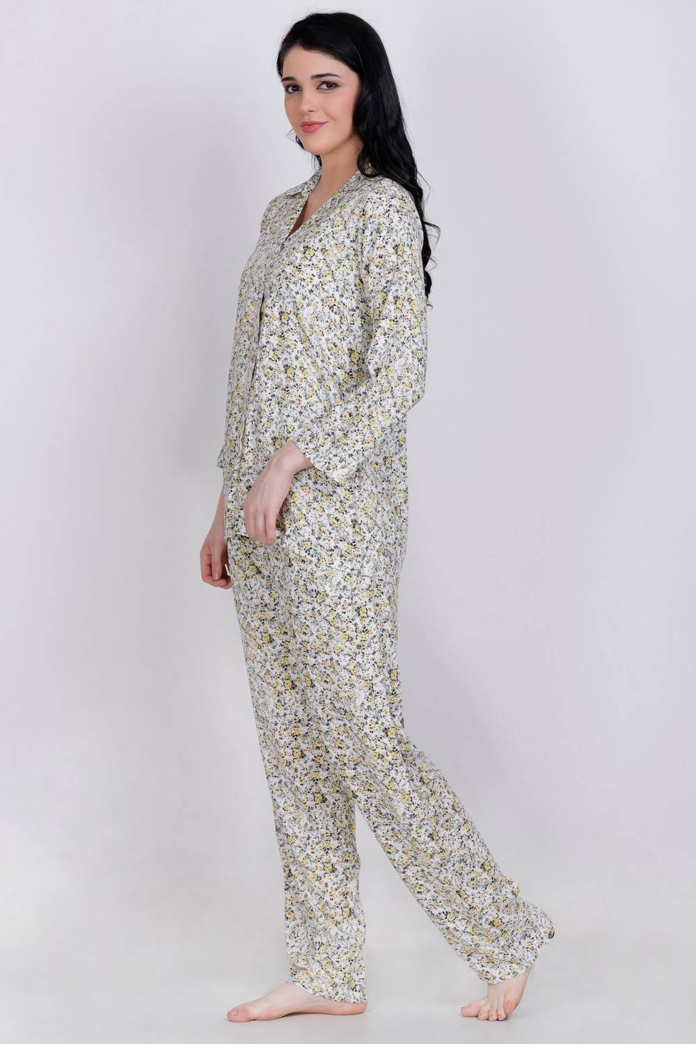 Plus Size Yellow Floral Printed Night Suit Set