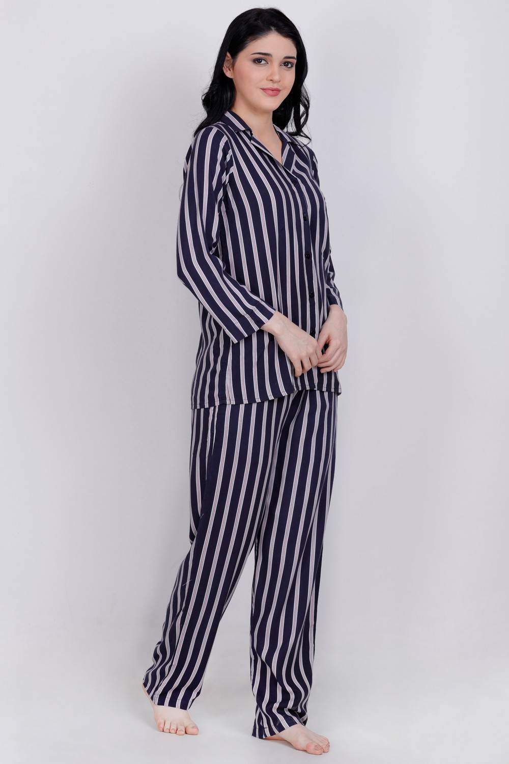 Plus Size Navy Blue Stripes Top &amp; Pyjama Set