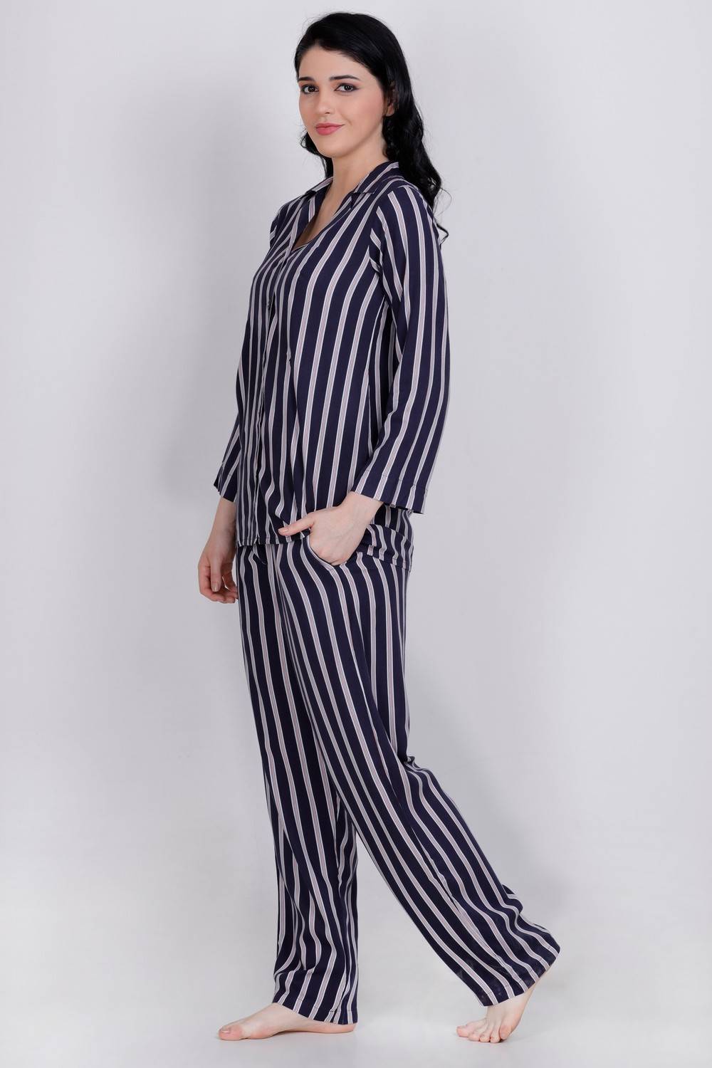 Plus Size Navy Blue Stripes Top &amp; Pyjama Set