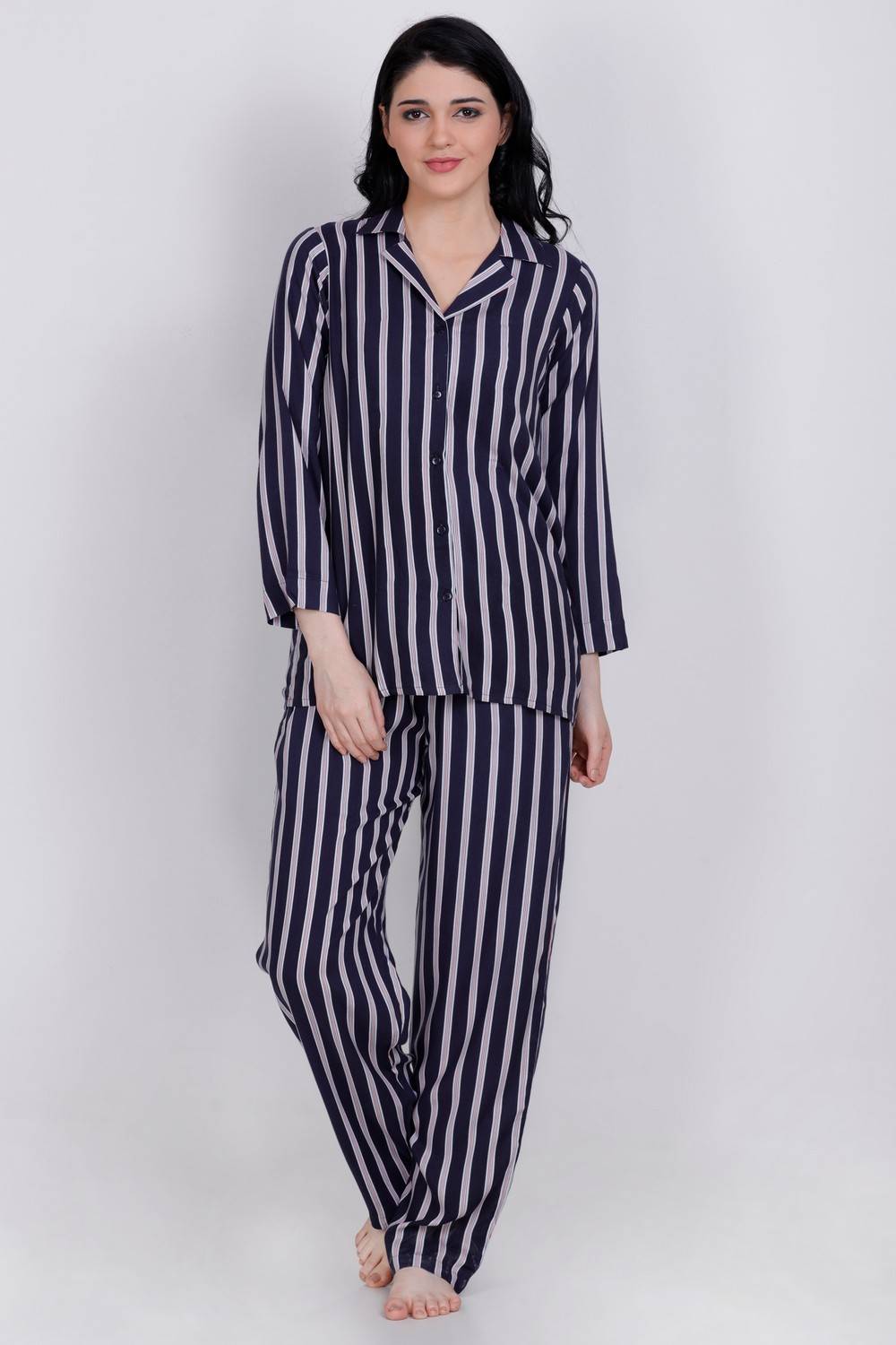 Plus Size Navy Blue Stripes Top &amp; Pyjama Set